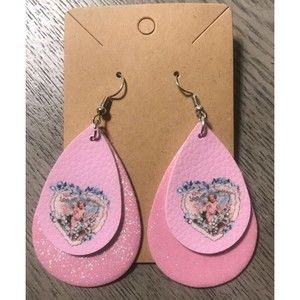 Pink Cupid Glitter Faux Leather Teardrop Double Layer Earrings Valentine’s Day